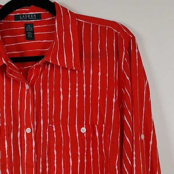 Lauren Ralph Lauren Orange and White Striped Roll Tab Sleeve Button Down Blouse - Picture 3 of 11